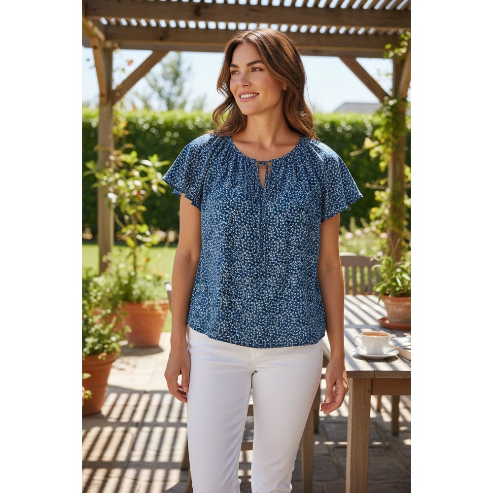 DOKOTOO Blue Floral Print Tie Neck Flutter Sleeve Blouse Women's Size M